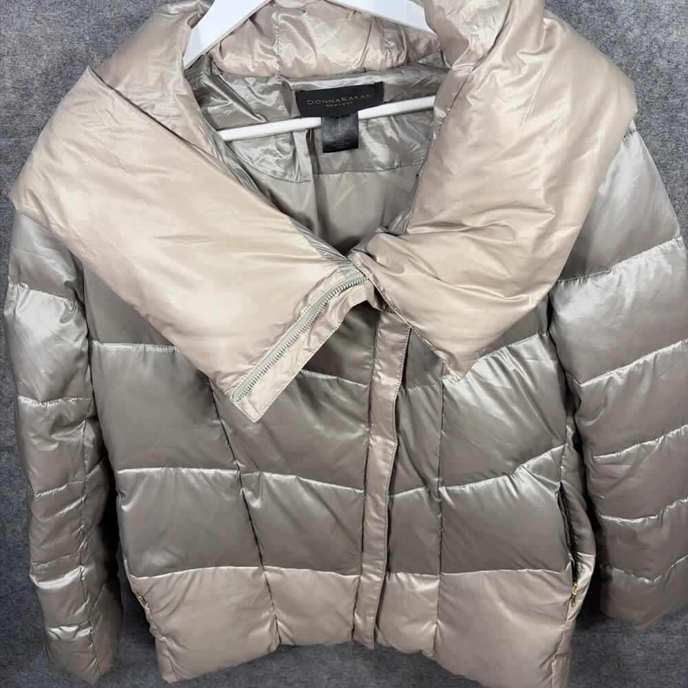 Donna Karan Women's Small Down Puffer Gold Jacket Asymmetric Zip Up CLEAN - Picture 3 of 12